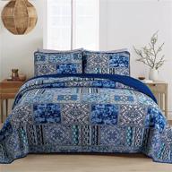 👑 queen quilt set - boho chic cotton farmhouse bedding with blue floral design | lightweight, reversible classic bohemian patchwork plaid bedspreads for all seasons logo