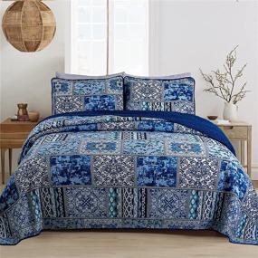 img 4 attached to 👑 Queen Quilt Set - Boho Chic Cotton Farmhouse Bedding with Blue Floral Design | Lightweight, Reversible Classic Bohemian Patchwork Plaid Bedspreads for All Seasons