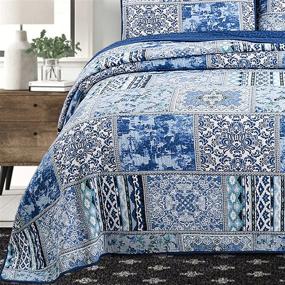 img 2 attached to 👑 Queen Quilt Set - Boho Chic Cotton Farmhouse Bedding with Blue Floral Design | Lightweight, Reversible Classic Bohemian Patchwork Plaid Bedspreads for All Seasons