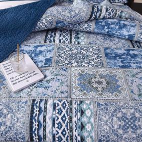 img 3 attached to 👑 Queen Quilt Set - Boho Chic Cotton Farmhouse Bedding with Blue Floral Design | Lightweight, Reversible Classic Bohemian Patchwork Plaid Bedspreads for All Seasons