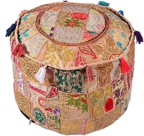 img 3 attached to 🪑 Vintage Indian Patchwork Pouf Stool Ottoman Cover: Exquisite Embellishments, Beige, 22X22X14 inch