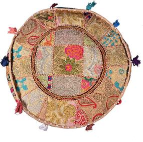 img 2 attached to 🪑 Vintage Indian Patchwork Pouf Stool Ottoman Cover: Exquisite Embellishments, Beige, 22X22X14 inch