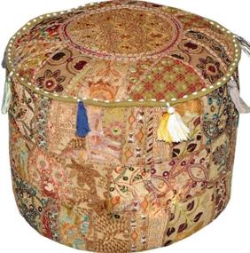 img 4 attached to 🪑 Vintage Indian Patchwork Pouf Stool Ottoman Cover: Exquisite Embellishments, Beige, 22X22X14 inch