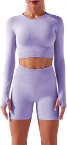 img 2 attached to HCKG Women's Yoga Activewear Set - Long Sleeve Crop Tops & High Waisted Compression Shorts for Workout & Gym