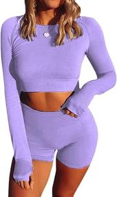 img 4 attached to HCKG Women's Yoga Activewear Set - Long Sleeve Crop Tops & High Waisted Compression Shorts for Workout & Gym