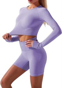 img 3 attached to HCKG Women's Yoga Activewear Set - Long Sleeve Crop Tops & High Waisted Compression Shorts for Workout & Gym