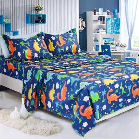 img 4 attached to 🦕 Brandream Queen Size Kids Sheets, Blue Dinosaur Children Bedding Set with Deep Pockets - 4-Piece Cotton Bed Sheet Set, 18 Inch