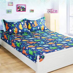 img 2 attached to 🦕 Brandream Queen Size Kids Sheets, Blue Dinosaur Children Bedding Set with Deep Pockets - 4-Piece Cotton Bed Sheet Set, 18 Inch