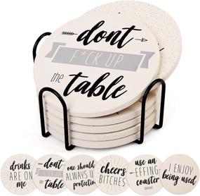 img 4 attached to 🍻 LotFancy Funny Coasters for Drinks Absorbent with Holder - Set of 6 Ceramic Coasters with Cork Base, Round Coasters Featuring 6 Sayings, Non-Slip Bar Room Decor - Perfect Housewarming Gift