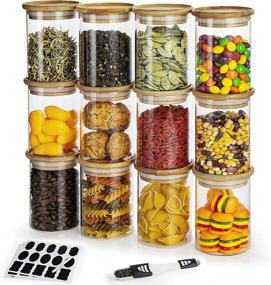 img 4 attached to Set of 12 Glass Jars (8oz) with Bamboo Lids and Labels for Kitchen Storage - Clear Spice Jars, Perfect Containers for Flour, Sugar, Coffee, Cookies, Cereal, Herbs, Grains, Nuts