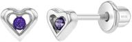 💜 4mm purple cz little heart earrings set in 925 sterling silver, screw back heart jewelry for baby girls & toddlers with adorable purple cubic zirconia stones logo