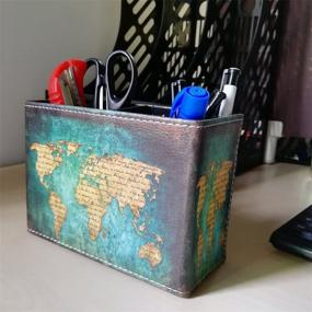 img 2 attached to Vintage Pen Pencil Holder Cup - DreamsEden Retro Pattern Desk Organizer For Home Office Bedroom (Blue World Map Square)