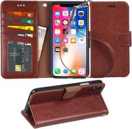 📱 arae wallet case for iphone xs max: pu leather flip cover with stand, wrist strap, and 4-slot pocket, 6.5 inch (brown) logo