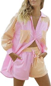 img 4 attached to 👚✨ SAFRISIOR Women's 2-Piece Casual Tracksuit Set: Striped Long Sleeve Shirt with Loose High Waisted Mini Shorts