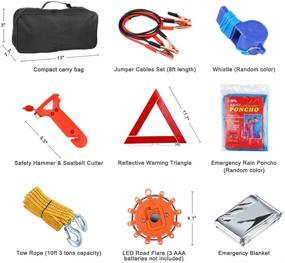 img 3 attached to 🚗 Enhanced Roadside Emergency Kit: 66-in-1 Auto Safety Assistance with Jumper Cables, LED Flare, Tow Rope, Triangle, Tire Gauge, and More