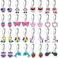 🦄 set of 16 pairs cute cartoon animal drop earrings with flower, flag, panda, fruits, and food huggie hoop style for girls and women logo