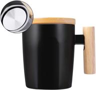 ☕️ howay flat bottom coffee mug with wood lid - 410ml ceramic cup for coffee warmer, keeps warm for tea, cocoa, milk and hot beverage - 14oz (black) logo