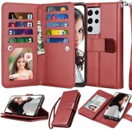 📱 njjex wallet case for samsung galaxy s21 ultra 5g, galaxy s21 ultra case 6.8" - 9 card slots pu leather id credit holder folio flip - detachable kickstand magnetic phone cover & lanyard (wine red) logo