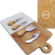 cheese board with marble surface, knives, and opener logo