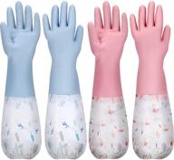 reusable latex-free dishwashing cleaning gloves with long cuff - 2 pairs (medium) for kitchen women men - pink and blue logo