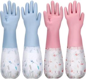 img 4 attached to Reusable Latex-Free Dishwashing Cleaning Gloves with Long Cuff - 2 Pairs (Medium) for Kitchen Women Men - Pink and Blue