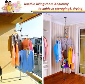 img 2 attached to 👕 BAOYOUNI Adjustable Metal Corner Tension Pole - 4-Tier Standing Clothes Laundry Drying Rack and Coat Hanger Organizer, Floor to Ceiling, Grey