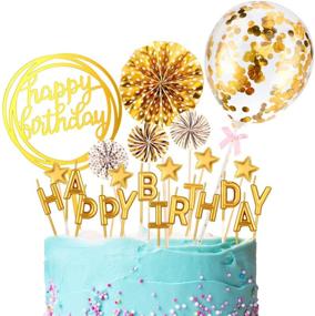 img 4 attached to 🎂 Gold Birthday Cake Topper Set: Happy Birthday Cupcake Topper Letters, Confetti Balloon, Stars, Fan Toppers, and Cake Candles – 12 Pieces of Premium Birthday Cake Decoration Supplies