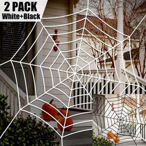 img 3 attached to Outdoor Halloween Decorations - 2 Pack Giant Spider Web Set, 11ft White and Black Spider Web, Haunted House Party Decor Supplies for Yard