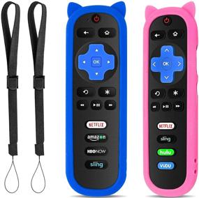 img 4 attached to （Pack Of 2） Blue Pink Silicone Protective Soft Cases Covers Compatible With RC280 TCL ROKU TV Remote Control With Wrist Strap Cute Cat Ear Shape Case Only