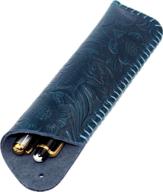 exquisite handmade genuine leather double pen case: elegant fountain pen sleeve holder pouch cover embossed in royal blue логотип