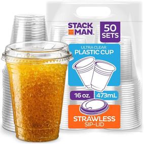 img 4 attached to 🥤 50 Sets of 16 oz PET Crystal Clear Disposable Plastic Cups with Strawless Sip-Lids