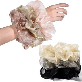 img 4 attached to 🎀 XL Big Organza Scrunchies - Oversized Satin Hair Ties for Thick Hair - Super Stretchy Jumbo Bling Hair Accessories 6 Pack