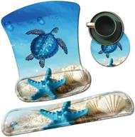 blue turtle starfish ergonomic mouse pad and keyboard wrist rest set with memory foam support, non-slip rubber base for easy typing, pain relief and bonus cup coaster – perfect for computer laptop logo