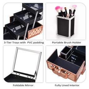 img 2 attached to 💄 Joligrace Professional Makeup Train Case - Rose Gold, 10 Inches, Lockable with Mirror and Brush Holder, Portable Travel Cosmetic Box, Jewelry Organizer with 3 Tiers Trays and Key