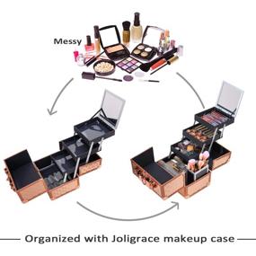 img 1 attached to 💄 Joligrace Professional Makeup Train Case - Rose Gold, 10 Inches, Lockable with Mirror and Brush Holder, Portable Travel Cosmetic Box, Jewelry Organizer with 3 Tiers Trays and Key