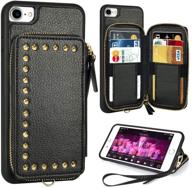 📱 zve iphone se 2020 wallet case for apple iphone 8/7, zipper wallet case with credit card holder slot, rivet handbag purse wrist strap, shockproof case for iphone 7/8/se 2020 (4.7 inch), black logo