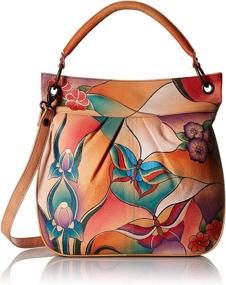 img 4 attached to 🦋 Anna by Anuschka Genuine Leather Convertible Tote: Hand-Painted Butterfly Glass Painting, Exquisite Artwork