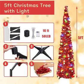 img 3 attached to 5ft Slim Pop Up Christmas Red Tinsel Tree - Artificial Pencil Xmas Tree for Indoor/Outdoor Decorations in Apartments, Offices, and Porches