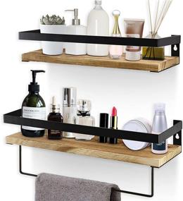 img 4 attached to 🛁 Set of 2 Bathroom Shelves with Towel Bar - Rustic Floating Shelving for Over Toilet, Wall Organizer Shelf for Bathroom Storage - Floating Towel Shelves for Laundry Room, Kitchen Spice Rack