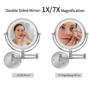 img 2 attached to 💄 Jolitac 8.5 Inch LED Makeup Mirror Wall Mount, 7X/1X Magnification Chrome Personal Make Up Mirror Round Shape, Double-Sided Swivel Vanity Mirror with Touch Button Adjustable Light for Bedroom or Bathroom