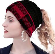 🎀 versatile women's ponytail messy bun beanietail: cozy and stylish buffalo plaid cuff christmas hat logo