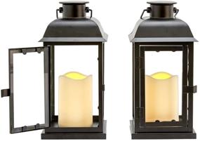 img 2 attached to Solar Powered Outdoor Lanterns (Set of 2) - 11 Inch Tall Decorative Candle Lantern for Patio | Waterproof Black Metal & Glass | LED Pillar Candle with Dusk to Dawn Timer | Batteries Included