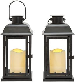 img 4 attached to Solar Powered Outdoor Lanterns (Set of 2) - 11 Inch Tall Decorative Candle Lantern for Patio | Waterproof Black Metal & Glass | LED Pillar Candle with Dusk to Dawn Timer | Batteries Included