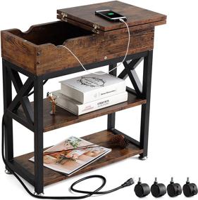 img 2 attached to 📱 MASTLU Mobile Table Side with Storage Shelf, USB Port, and Wheels - Narrow Flip-Top Side Table, Industrial Nightstand with Metal Frame, Perfect for Living Room or Bedroom Sofa Table