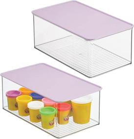 img 4 attached to mDesign Stackable Toy Storage Box with Lid for Organizing Kids Toys, Action Figures, Crayons, Markers, Blocks, Puzzles, Crafts, Dog/Cat Toys – Set of 2 Clear/Purple Boxes