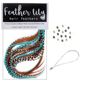 img 3 attached to 🪶 Long Natural and Turquoise Blue Feather Hair Extensions, 100% Real Rooster Feathers - 20 Feathers with Bonus Beads and Loop Tool Kit NBT