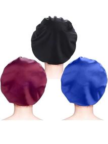 img 2 attached to 💤 Premium Quality Satin Sleep Cap Trio – Elastic Wide Band Hat Set for Ultimate Nighttime Comfort and Restful Sleep (Black, Royal Blue, Wine Red)