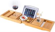 🛀 bamboo bathtub caddy tray for tub - natural, premium bath table with extending sides and foldable legs, cellphone ipad, wineglass holder, and wine glass slot logo