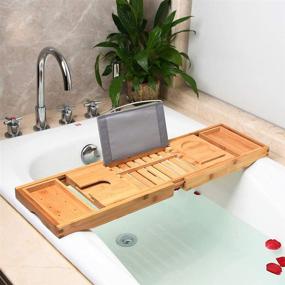 img 1 attached to 🛀 Bamboo Bathtub Caddy Tray for Tub - Natural, Premium Bath Table with Extending Sides and Foldable Legs, Cellphone iPad, Wineglass Holder, and Wine Glass Slot