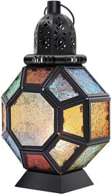img 4 attached to 🏮 Lewondr Retro Iron Candle Lantern: Portable Moroccan Wrought Iron Stained Glass Candle Holder Hanging Lamp Horse Light Wind Lantern for Home Decor – Black + Colorful